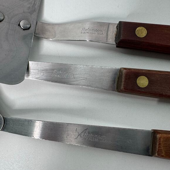 Vintage Robinson Stainless Steel Utensils Wooden Set of 3 -USA -Spoons Spatula - Picture 5 of 9